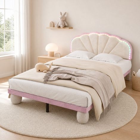 Cama doble 140x200 cm de terciopelo beige, ahorra espacio para dormitorio infantil, sin colchón (1/5)