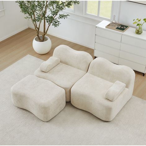 Divano angolare modulare a 2 posti con ottomano, senza montaggio, in velluto beige DESVIAE (1/5)