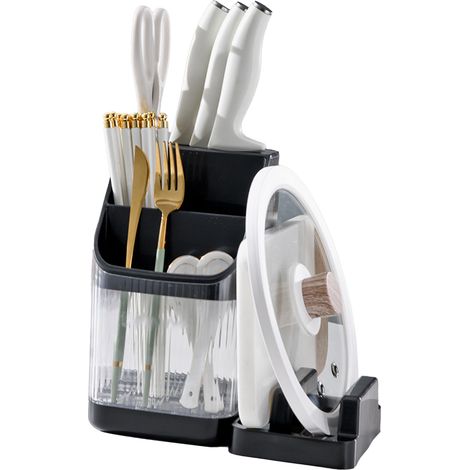 Support de Rangement Multifonctionnel pour Cuisine, Organisateur de Planche à Découper, Couvercles de Casseroles et Ustensiles (Baguettes, Fourchettes, Cuillères), Noir Élégant (1/5)