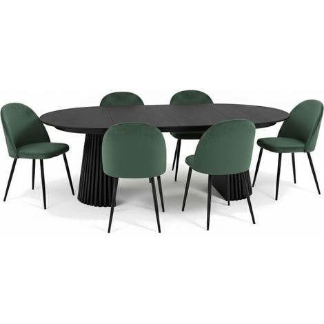 Tokyo Essgruppe Esstisch schwarz, 6 Stühle aus grünem Velours.