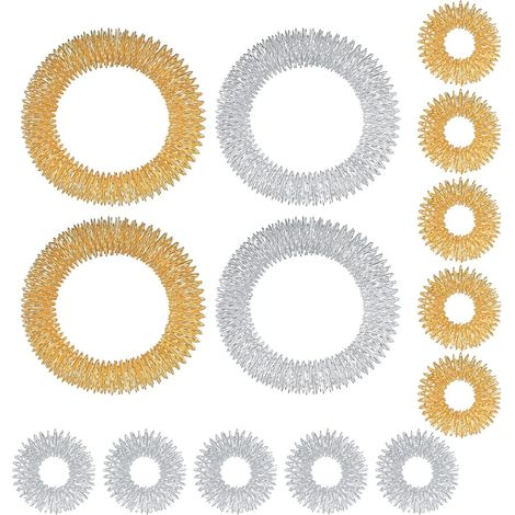 14-teiliges Massage-Set (10 Ringe, 4 Armbänder), Akupressurringe für Jugendliche und Erwachsene, Handgelenkmassagegerät zur Stressreduzierung, Gold und Silber (1/5)
