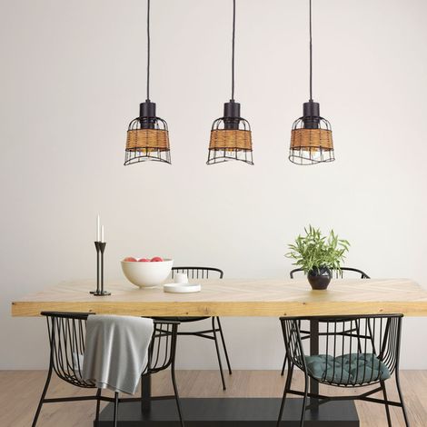 Hängeleuchte Pendellampe Käfig-Design Grasgeflecht 3-Flammig Esszimmerleuchte, Länge x Höhe 57 150 cm, Wohnzimmer Esszimmer