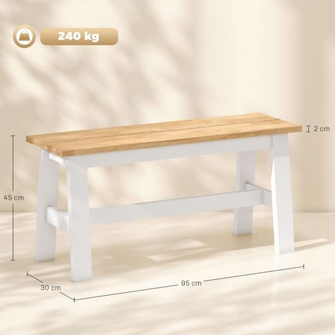 Banc 2 places en bois d'hévéa aspect chêne blanc, avec barre stabilisatrice, idéal salon, salle à manger, entrée. (1/5)