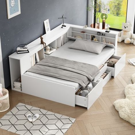90x200cm Multifunktionales Kinderbett mit Schubladen, Bücherregal und Kleiderschrank, Plattformbettgestell, Einzelbett aus Holz, Weiß (Matratze nicht enthalten)
