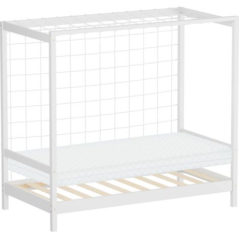 ML-Design Cama Infantil 80 x 160 cm con Portería de Fútbol Balonmano de Madera de Pino Blanca, Cuna Individual para Niño con Somier de Láminas y Red, Litera Maciza Juvenil Puerta de Juego y Deporte
