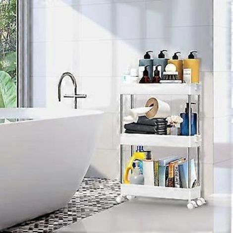 Chariot de rangement mince à 3 niveaux, étagère mobile, organisateur coulissant, chariot utilitaire roulant, tour de rangement pour cuisine, salle de bain, buanderie et espaces étroits. (1/3)