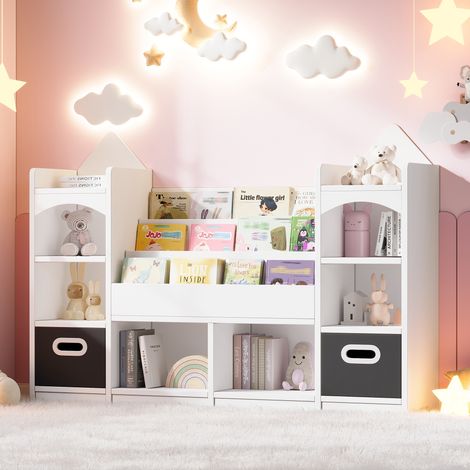Libreria per bambini a forma di castello con 2 contenitori pieghevoli, mobile porta libri e giocattoli, bianco, 130 x 30 x 90 cm