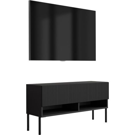 Meuble TV avec façade rainurée, noir mat, pieds droits noirs, 100 × 32 × 52 cm (1/5)