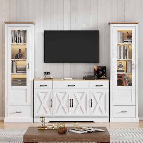 Ensemble de meubles de salon, 2 vitrines LED, 1 buffet de salle à manger, pour salon ou salle à manger, en bois, blanc