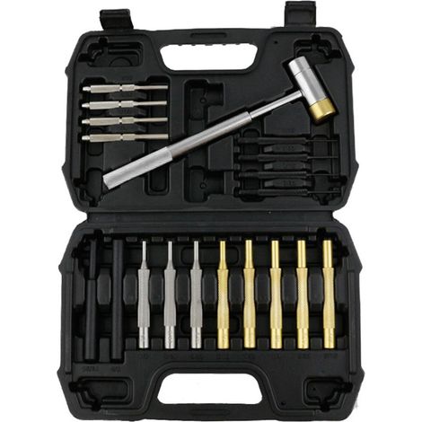 Coffret de 19 poinçons en acier massif, laiton et plastique, avec boîte de rangement. Outils de réparation pour montres, bijoux et loisirs créatifs. (1/5)