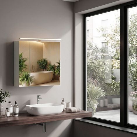 Armoire Murale pour Salle de bain, 3 Portes Miroir, avec Éclairage, Étagères Ajustables, 15 x 60 x 55 cm, Blanc (1/5)