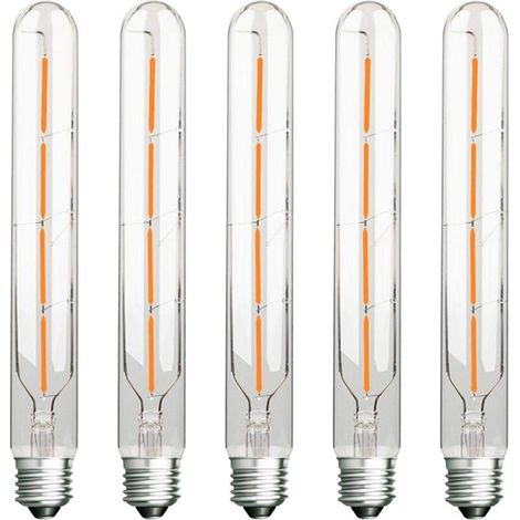 Pack of 5 Long Tube Bulbs, Edison LED Filament, 4W, 40W Incandescent Equivalent, E27 Base, Warm White 2700K, 400LM, Clear Glass, 360° Beam Angle, AC 220-240V