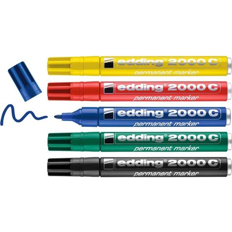 edding 2000 C Marqueur permanent - rouge, bleu, vert, jaune, noir - étui de 5 - pointe ronde 1,5-3 mm - sèche vite - résiste à l'eau et à l'essuyage - pour carton, plastique, bois, métal (1/5)