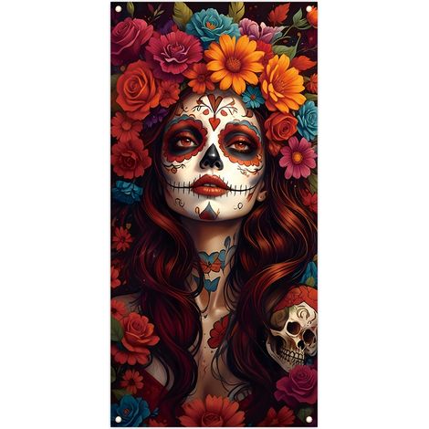 Rideau/drapeau de porte pour la Toussaint, orné de crânes et de fleurs colorés - Décoration mexicaine - 90 x 180 cm (œillets + ruban) - Style 3