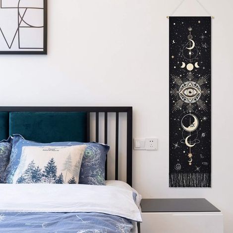 Arazzo con fasi lunari, carta da parati floreale nera, arazzo decorativo lungo in cotone stile bohémien per la camera da letto, nero 130 x 32,5 cm (1/4)