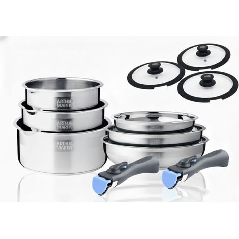 Batterie de cuisine inox 11 pieces avec 2 manches amovibles et 3 couvercles en silicone Arthur Martin AM2700 (1/5)