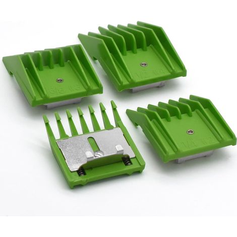 4 guides professionnels type A5 pour tondeuses animales : 3mm, 6mm, 10mm, 13mm Compatibles A5, AG/BG, KM5/10 et la plupart des tondeuses type A5 pour animaux (Vert) (1/5)