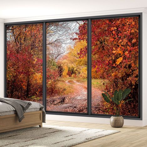 Papier peint panoramique Trompe l'oeil baie vitrée - Chemin en forêt - 260 cm x 156 cm (1/5)