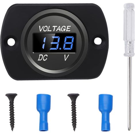 Voltmetri per auto impermeabili da 12V a 24V con display a LED e piastra di montaggio, misuratore di tensione rotondo con terminali, mini voltmetro a LED per barca, moto, camion, ATV, UTV, blu