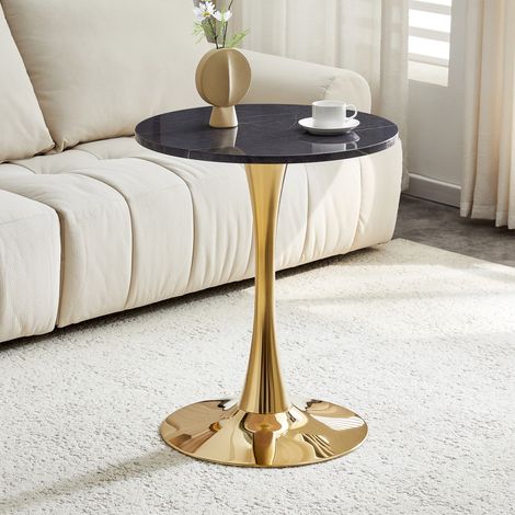 Tavolo rotondo 60 cm in MDF effetto marmo nero, base centrale in metallo dorato, h 72 cm (1/5)