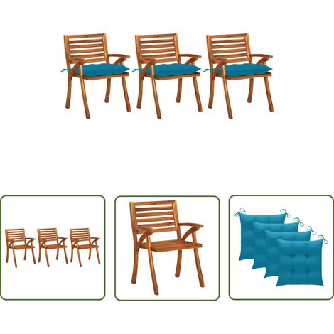 The Living Store Chaises à manger de jardin avec coussins lot de 3 Acacia massif - Chaise De Jardin - Fauteuil De Jardin - Acacia Massif - Mobilier De Jardin - Chaises De Salle À Manger (1/5)