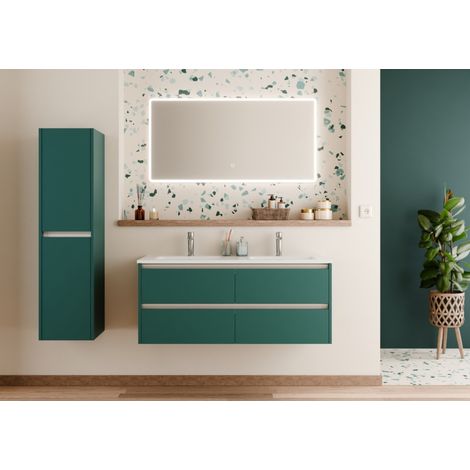 Sanitaire – Meuble double vasque 120cm en bleu canard – Plan en céramique avec miroir LED – 4 tiroirs à fermeture amortie – Résistant à l'humidité (1/5)