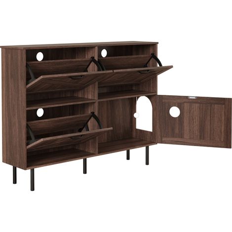 ELVMI Schuhschrank mit 4 Türen, 3 Klappen und Fach für Katze, für Flur, aus Spanplatte, 120 × 28 × 92 cm, Naturwalnuss (1/4)