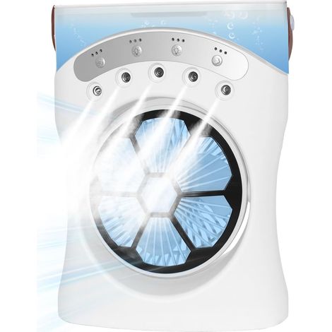 Mini climatiseur refroidisseur d'air mobile avec fonction 3 en 1 : refroidissement, humidification et veilleuse 3 niveaux de vent Réservoir d'eau 550 ml Orientable à 180° Lumière COB et lumière (1/5)