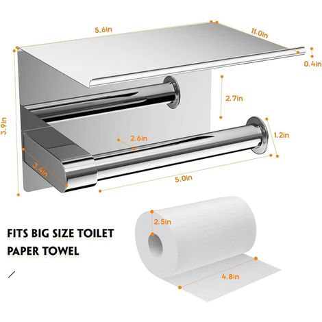 Lot porte-rouleau mural avec étagère, finition chrome, acier inoxydable SUS304, support de papier toilette design, rangement salle de bain, fixé au mur, 1 pièce (1/2)