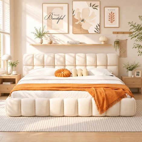 Lit bouffon double 140x190 cm rembourré lin beige, lit deux personnes capitonné design moderne avec sommier à lattes pour chambre parentale