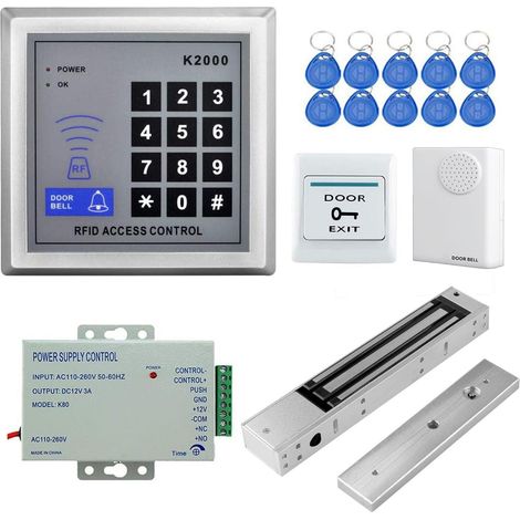 Kit Système de Contrôle d'Accès RFID, Serrure Magnétique Electrique 280kg/600lbs résistant à l'eau, Alimentation DC 12V 3A, EM-ID Card 125KHz Proximité Clavier, Sonnette de Porte, Boutons 10 Clé (1/5)