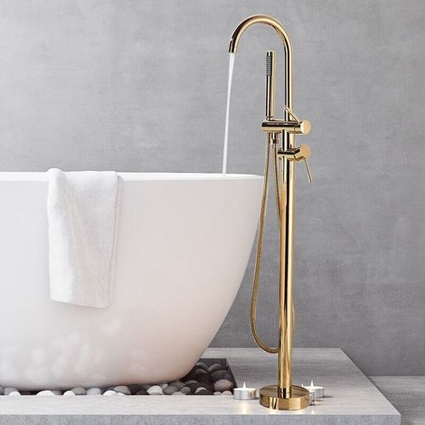 Brushed Gold Freestanding Bath Taps Bath taps Bath Mixer Taps Floor Mounted Bathtub Bathroom Tub Tap Handheld 360 ° Filler Spout Cold and Hot (1/5)