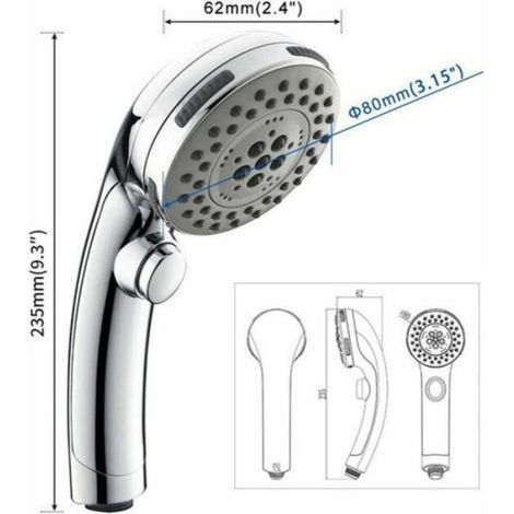 Pommeau De Douche - Bouton Stop - 5 Jets Réglables - Anticalcaire - Universel G1/2 - 80 mm - 350 g (1/4)