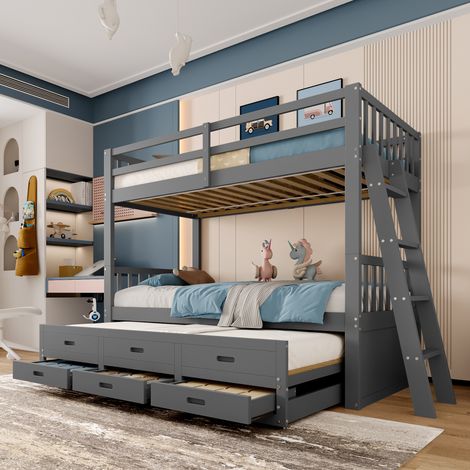Etagenbett Kiefernholz und MDF Grau 90x200 cm mit Ausziehbett und 3 Schubladen