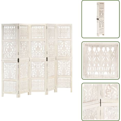 Divisore in MDF - vidaXL Divisorio 5 Pannelli Intagliato Bianco 200x165cm Mango Massello - Divisore pieghevole