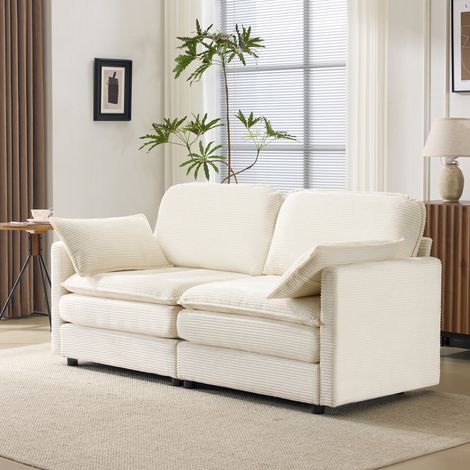 Canapé 2 places blanc en velours côtelé, style minimaliste moderne, assise confortable et spacieuse, structure bois, canapé salon chambre (1/5)