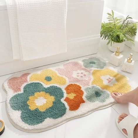 Cute Non-Slip Bath Mat, Flower Soft Microfiber Bathroom Rug, Absorbent Machine Washable Shower Mat for Bathroom, Kitchen, Bedroom, 50x80cm (1/5)