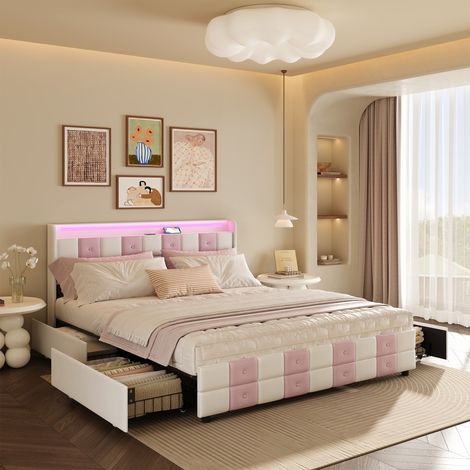 lit double 160x200cm, lit 160x200 avec rangement, avec port USB et LED, 4 tiroirs, Sommier à Lattes, Blanc et rose, velours