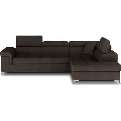 Canapé d'angle convertible velours MARIDO - Coffre et appuis-tête réglables-Marron foncé-angle droit (1/5)