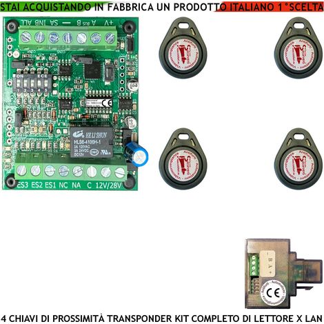 Kit Chiave Elettronica di Prossimità 4 Trasponder Lettore Modulo LAN Universale 501 RJ45 Alimentazione 12/24 Vac Relè Contatto C.NC.NA 2 A 24 V Funzione Impulsiva o Stabile Segnale di Stato 4 Led GRVB (1/4)