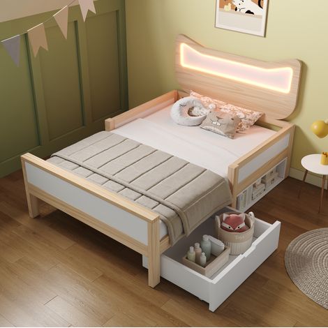 Letto per bambini 90x190 cm bianco e rovere in legno con testiera gatto LED RGB e cassetto (1/5)