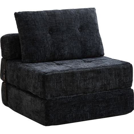 Sofá Cama Plegable 1 Plaza con Cojines Cervical y Lumbar Ahorra Espacio para Suelo en Chenilla Negro