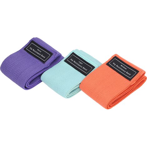 Set mit 3 hochfesten, elastischen Widerstandsbändern für Kräftigungsübungen der Bein-, Gesäß- und Hüftmuskulatur (grün, orange, lila). Ideal für Kniebeugen. (1/5)