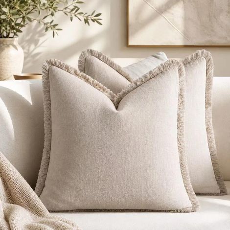 Lot de 2 housses de coussin en coton à pompons, style bohème, 40 x 40 cm, beige, housses de coussin décoratives en lin, style bohème avec franges, pour canapé, chambre à coucher, salon (1/5)