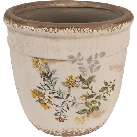 Cache-pot en Céramique Beige à Motif Fleurs Jaunes Ø 18 x 17 cm pour Plantes d'Intérieur - PANGIVO