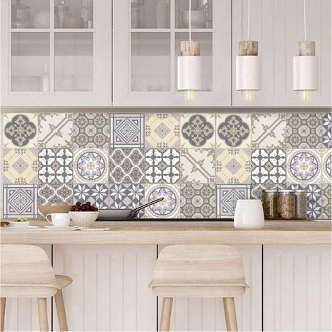 Adhésifs Carrelages Autocollant Champêtre Carreaux de Ciment Carrelage Sticker Mural Salle de Bain et Cuisine  9 Pièces de 20 x 20 cm (1/5)