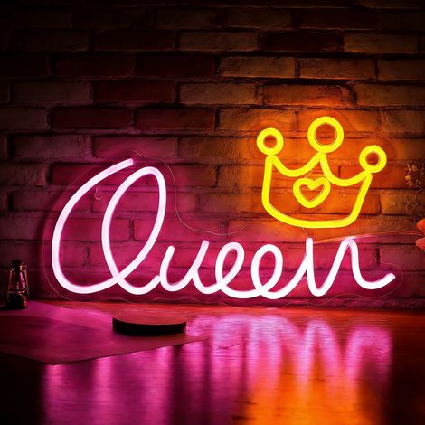 Enseigne néon « Queen » avec couronne – Luminaire LED dimmable alimenté par USB (16,5 x 9,3 pouces) pour chambre de fille ou fête d'anniversaire – Idée cadeau pour femme (1/5)