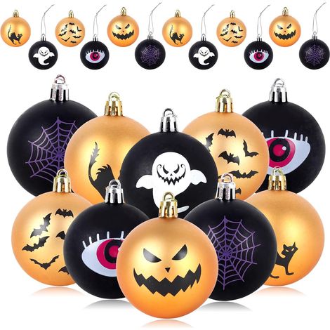 (12 Stück) Halloween-Baumkugel-Anhänger, bruchsichere Kunststoffkugeln für Halloween, Kürbis, Fledermaus, Geisterauge (1/5)
