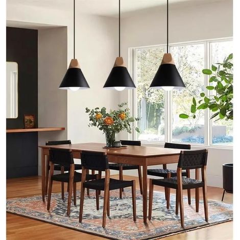U-do 3Pcs Retro Suspension Luminaire en Bois Métal,Lustre Industrielle Vintage Designe Simple Style Nordique pour Salon Chambre (1/4)