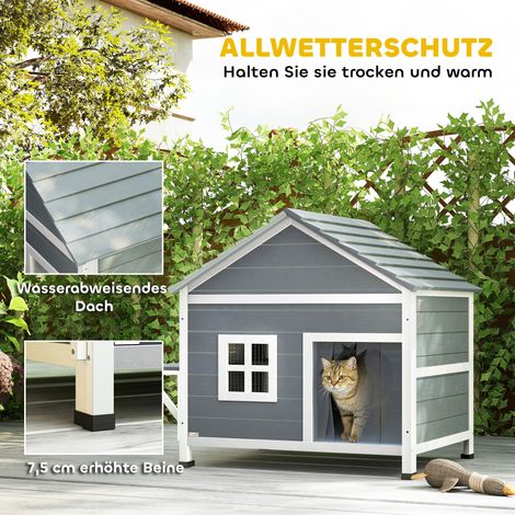 Maison pour chat en bois 2 étages, abri félin avec toit ouvrant imperméable, plateforme latérale, 101x72,5x81 cm, gris (1/5)